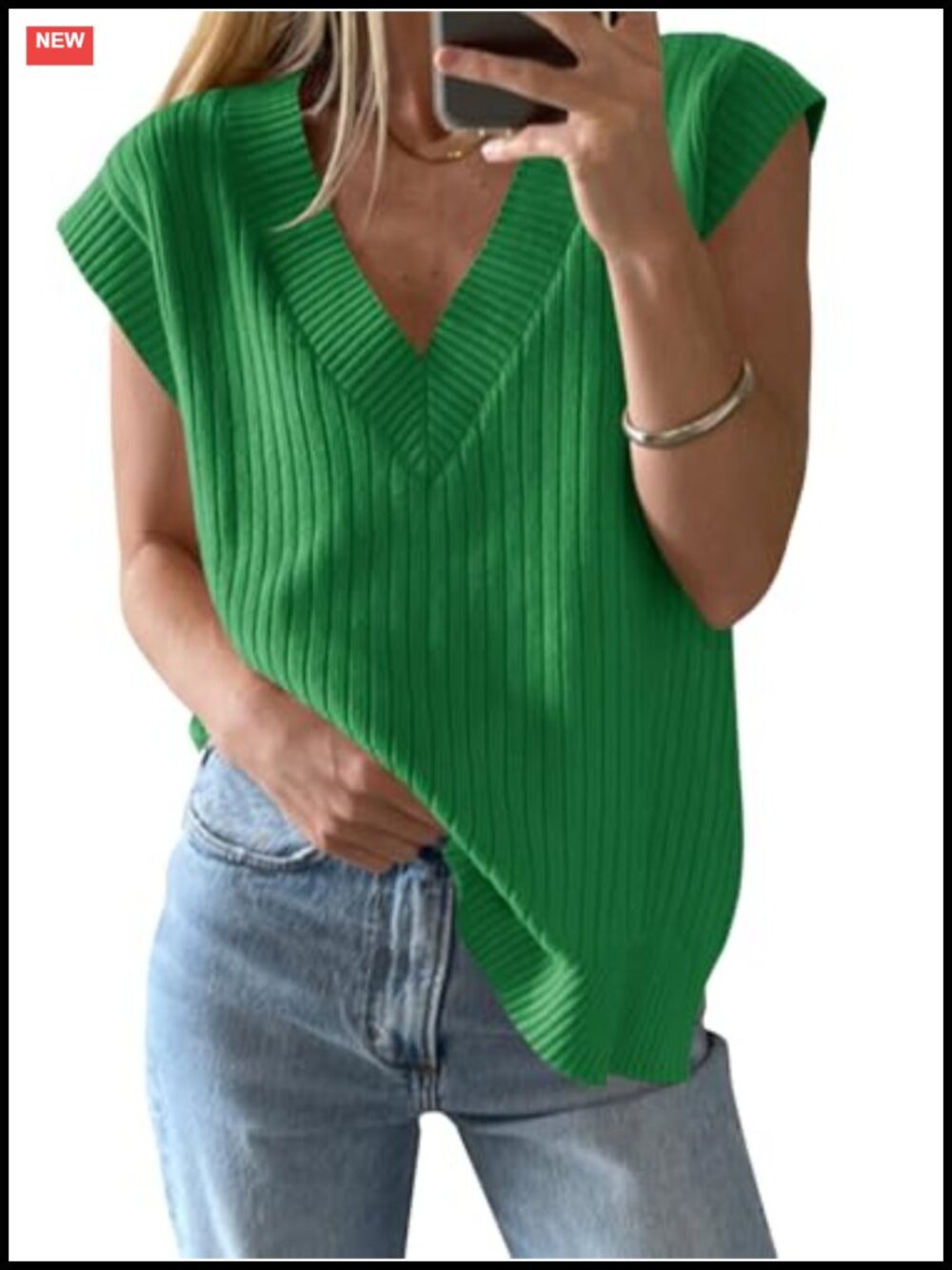 Sleeveless Ribbed Knit V Neck Sweater Vest Oversized Loose Fit Women's